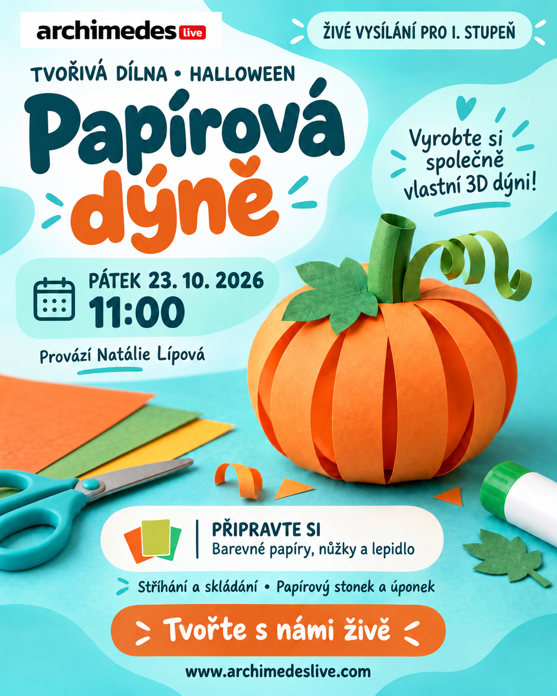 Vysílání pro I. stupeň - Tvořivá dílna: Halloween - papírová dýně